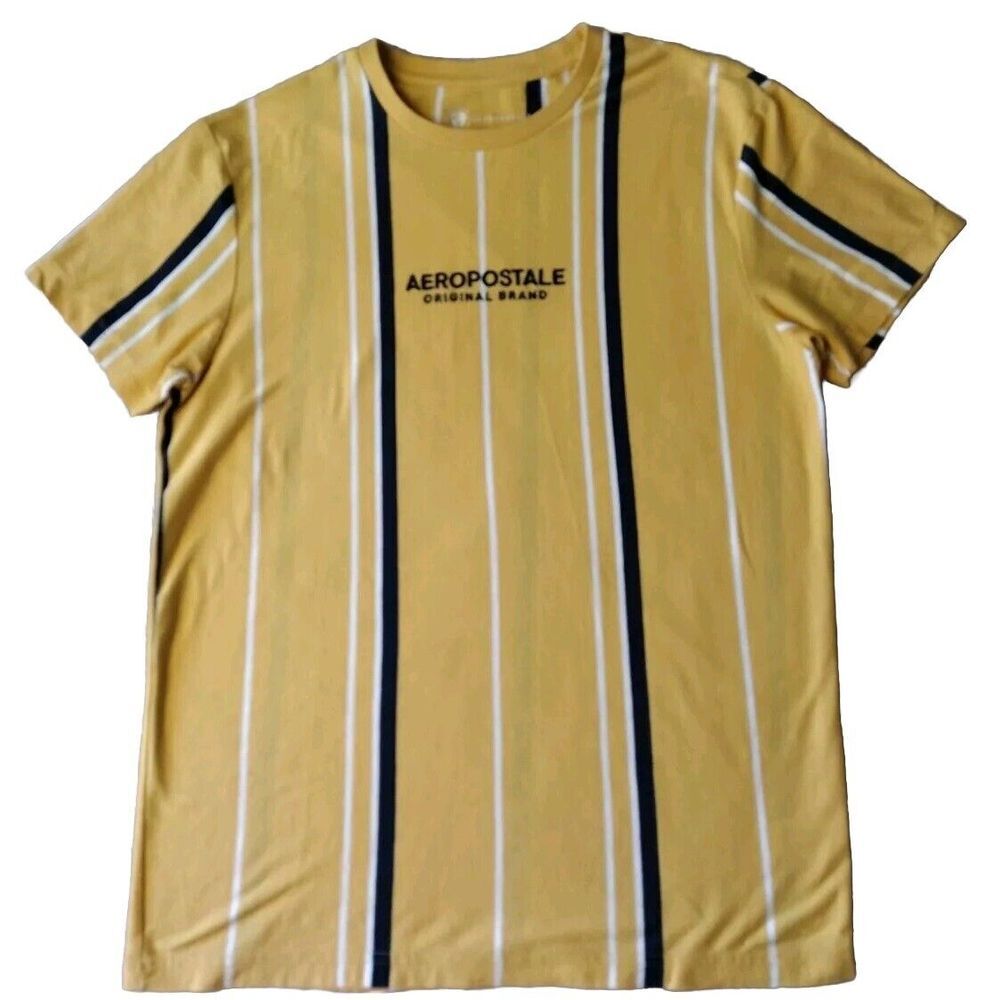 Aeropostale T Shirt Man M Junior Yellow Black Stripe Embroidered Logo Crew Neck